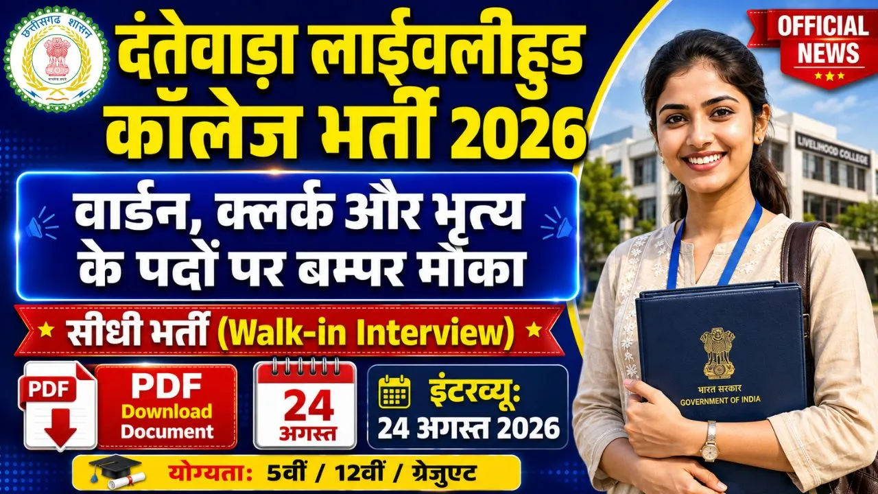 Professional thumbnail showing Dantewada Livelihood College recruitment details in Hindi text, featuring Chhattisgarh government logo, Warden and Peon vacancies, and Walk-in Interview date 24 August 2026.