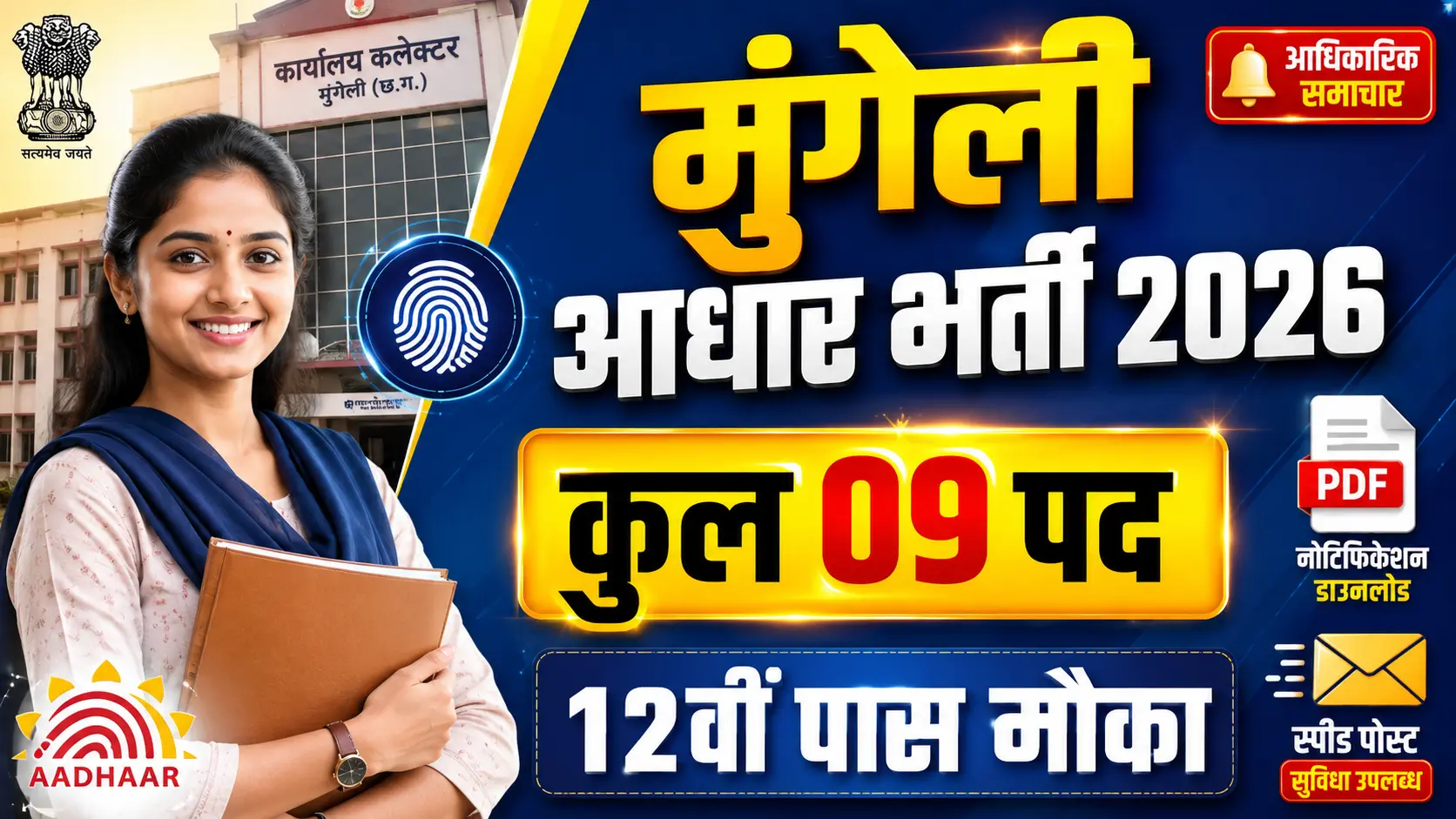 Professional thumbnail showing Mungeli Aadhaar Operator Recruitment details in Hindi text, featuring Chhattisgarh government logo, official notification icons, and 'Speed Post Apply' details for Mungeli 2024 vacancies.
