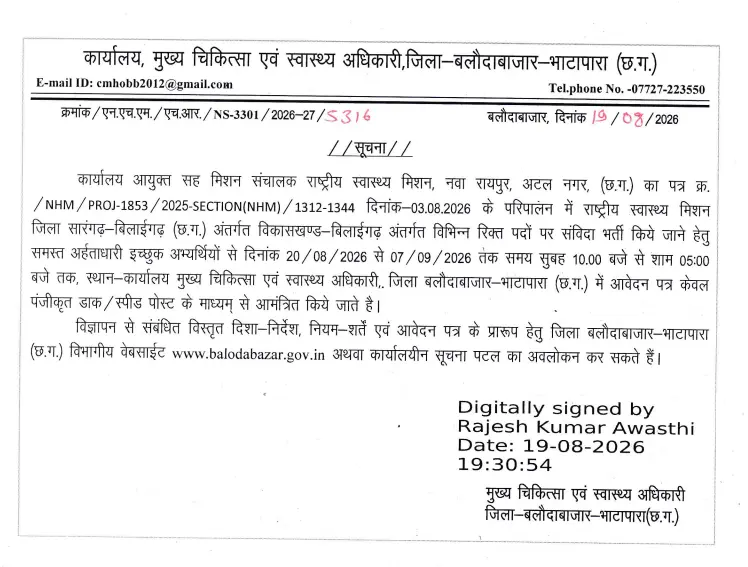 CG NHM Baloda Bazar Bharti 2026: बलौदाबाजार स्वास्थ्य विभाग में 38 पदों पर भर्ती 3 CMHO Baloda Bazar Recruitment 2026