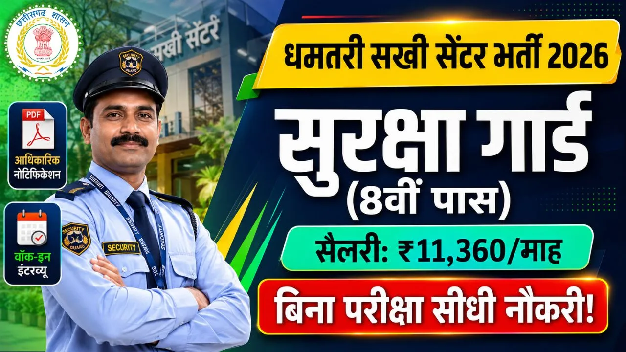 Professional thumbnail showing Dhamtari Sakhi One Stop Center Security Guard Recruitment 2026 details in Hindi text, featuring Chhattisgarh WCD logo, a professional security guard photo, and Walk-in Interview details for 8th pass candidates.